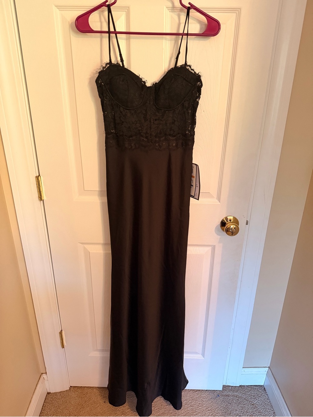 Macy's Black Lace-Bodice Satin Maxi Dress with Spaghetti Straps